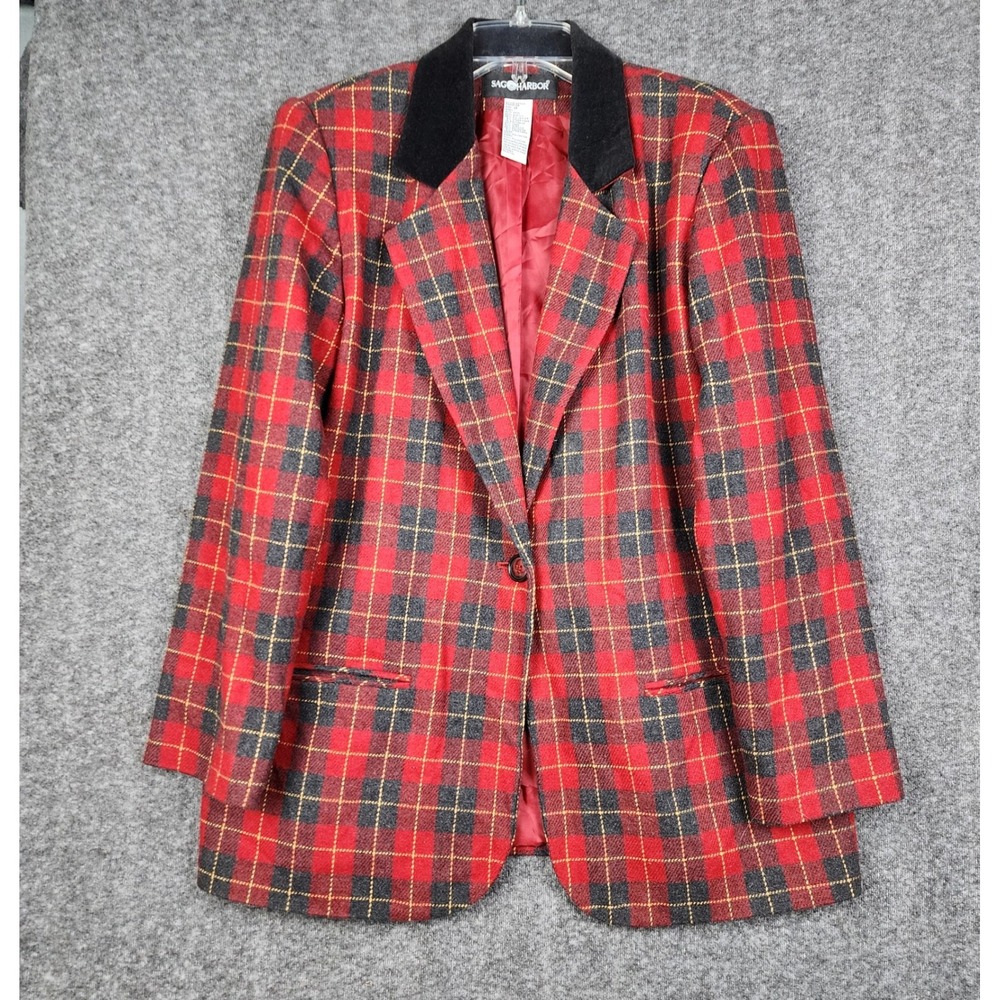 Sag Harbor Blazer Women 12 Red‎ Plaid Wool Blend Velvet Collar Dark Academia